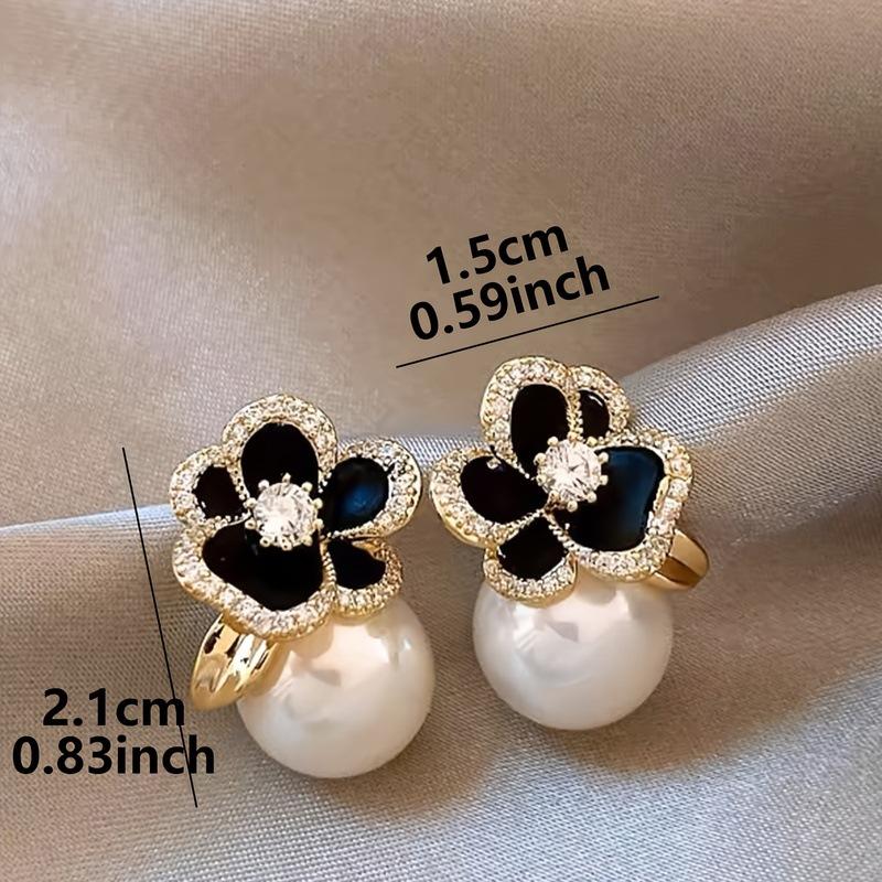 Luxury Black Rose Flower & Pearl Stud Earrings For Women, Elegant Winter Ear Jewelry With Full Rhinestones