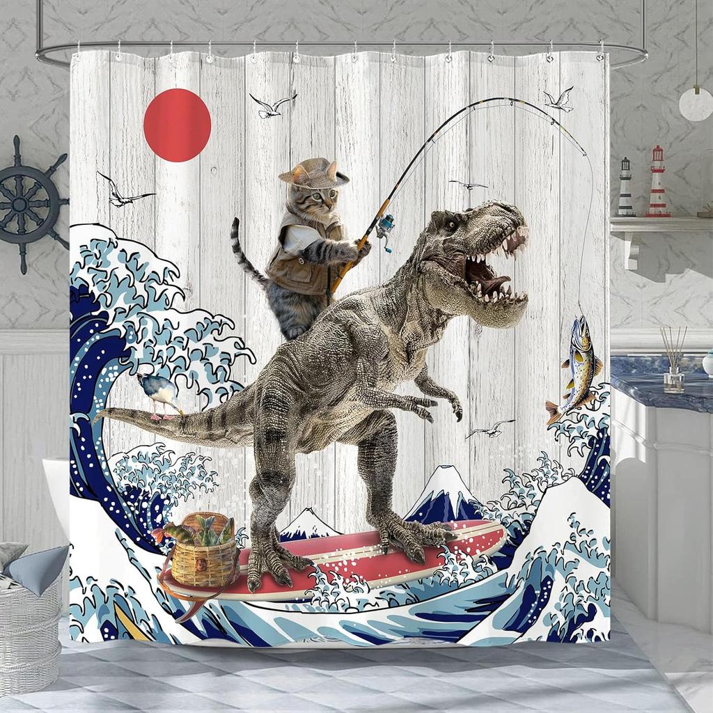 Galactic Cat Astronaut Waterproof Shower Curtain - Space Adventure with Dinosaur Ride for a Fun and Quirky Bathroom Decor