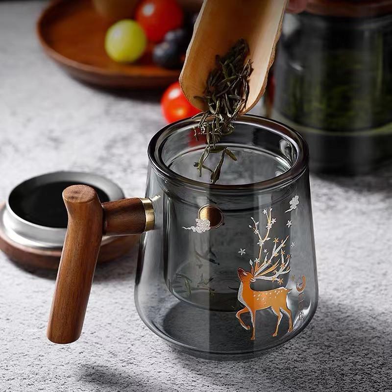 Hochborosilikatglas Hochtemperaturbeständig Glas Teetasse Tee-Wasser-Trennung Kann getrennt werden Dreiteilige Holztasse Büro Trinkbecher