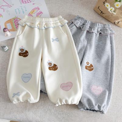 New Autumn Baby Girls' Grey Casual Sports Pants Cute Cartoon Embroidered Loose Versatile Pants Korean Children's Trousers