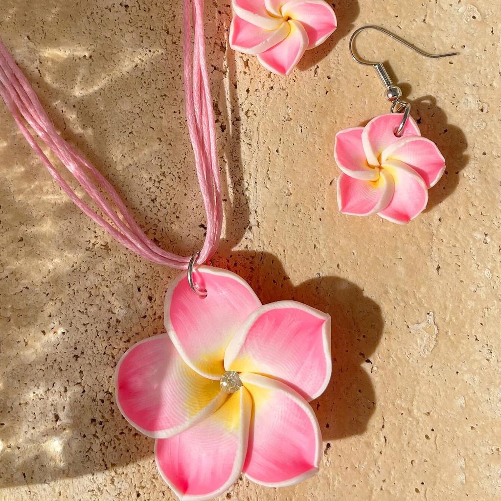 Soft Pottery Flower Personalized Necklace and Earrings Two-piece Set Wax Rope Soft Pottery Plumeria-shaped Bridesmaid Gift
