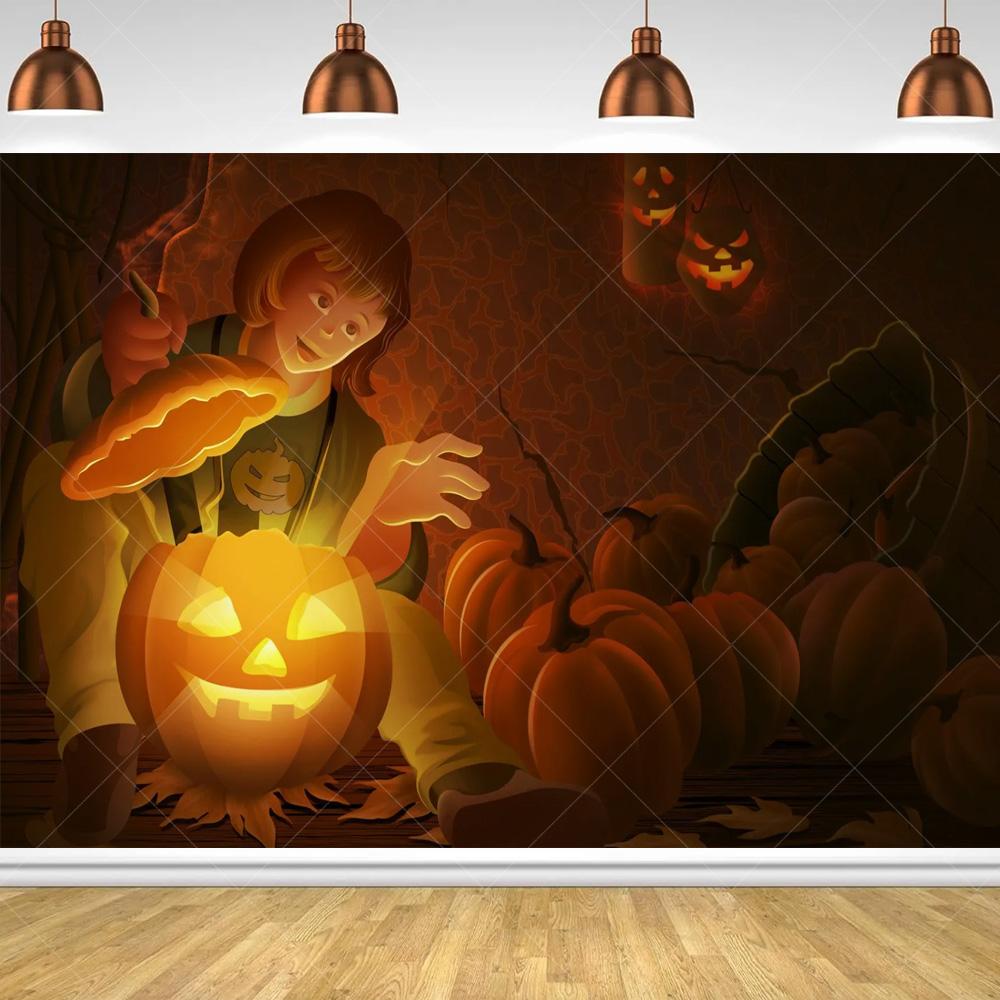 Halloween Horror Night Party Family Gathering Pumpkin Lantern Evil Witch Black Castle Cemetery Forest Background Cloth backdrop