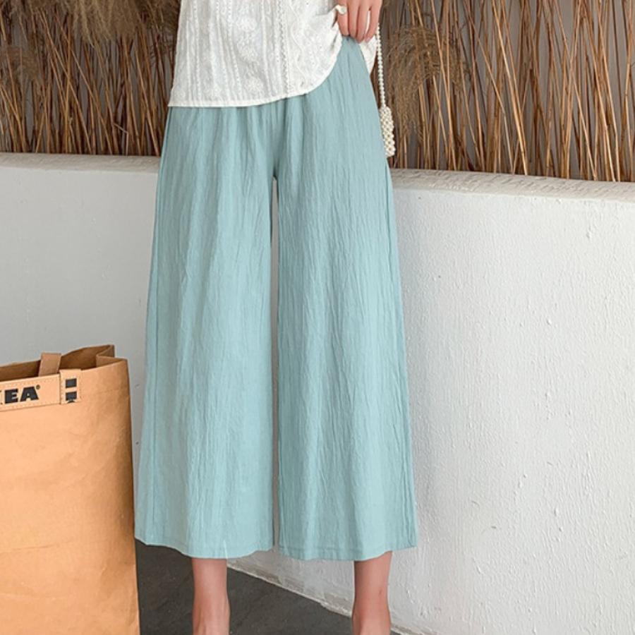 Women Summer Autumn Cotton Linen Pants High Waist Solid Color Wide Leg Cropped Pants