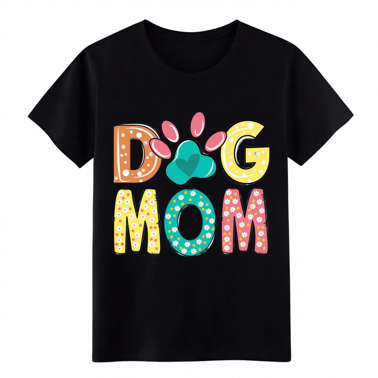 

Colorful Dog Mom Paw Print Graphic T-Shirt, Cute Floral Dog Lover Tee for Women L