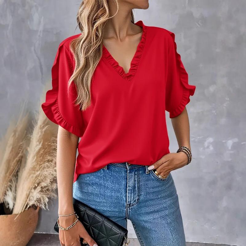 Summer Casual Short Sleeve Shirt Women V Neck Ruffle Design Loose Tee Tops Solid Elegant Women T-Shirts