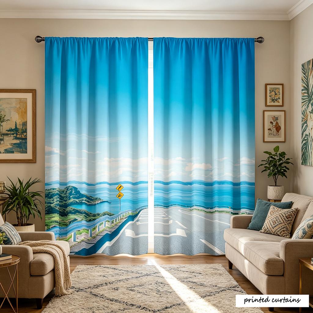 2PCS Seaside Coastal Highway Scenic Print Curtains Floral Window Treatment Applicable To Print Curtains for Home Decor