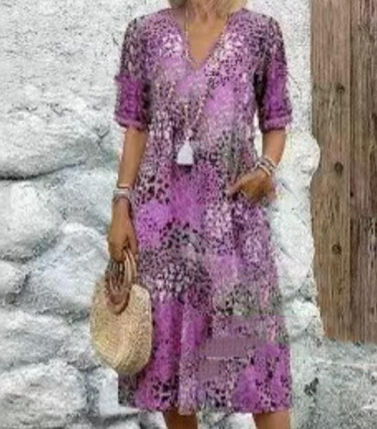 

2026 European & American Fashion V-Neck Lace Trim Printed Short-Sleeve Dress S фіолетовий
