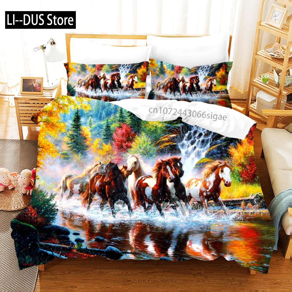 Duvet Cover Running Horse Bedding Set Animal Duvet Cover Soft Comforter Grassland Queen Size For Decor Boy Teens Adult Bedroom
