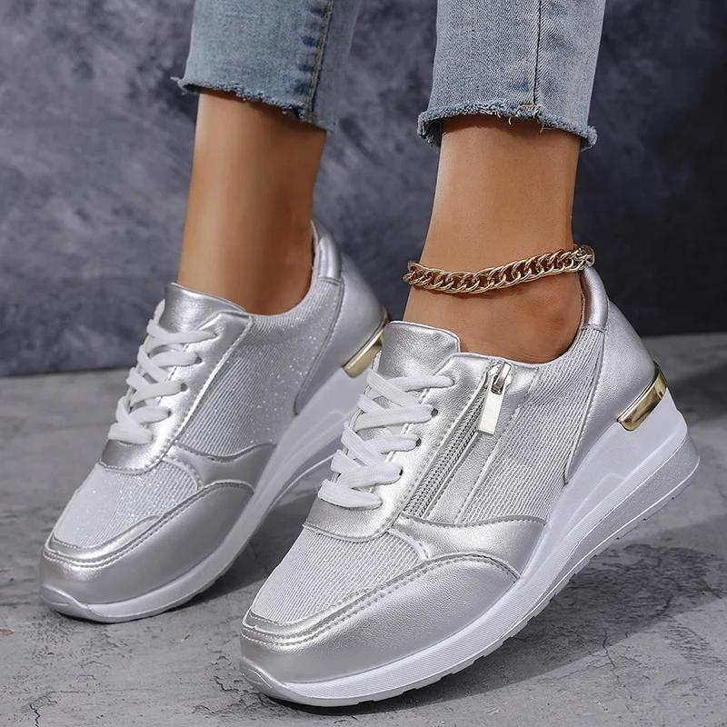 Fashion Fashion Women's Sneakers 2025 Spring Thick Bottom Silver Sneakers Wedge Heel Vulcanized Shoes for Women Comfort Lace Up Sneakers