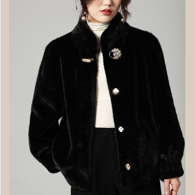 

Куртка из искусственного меха норки для матерей среднего и пожилого возраста, утолщенное новое пальто осенне-зимней моды со стойкой 3XL recommends 160-87.5 kg чёрный