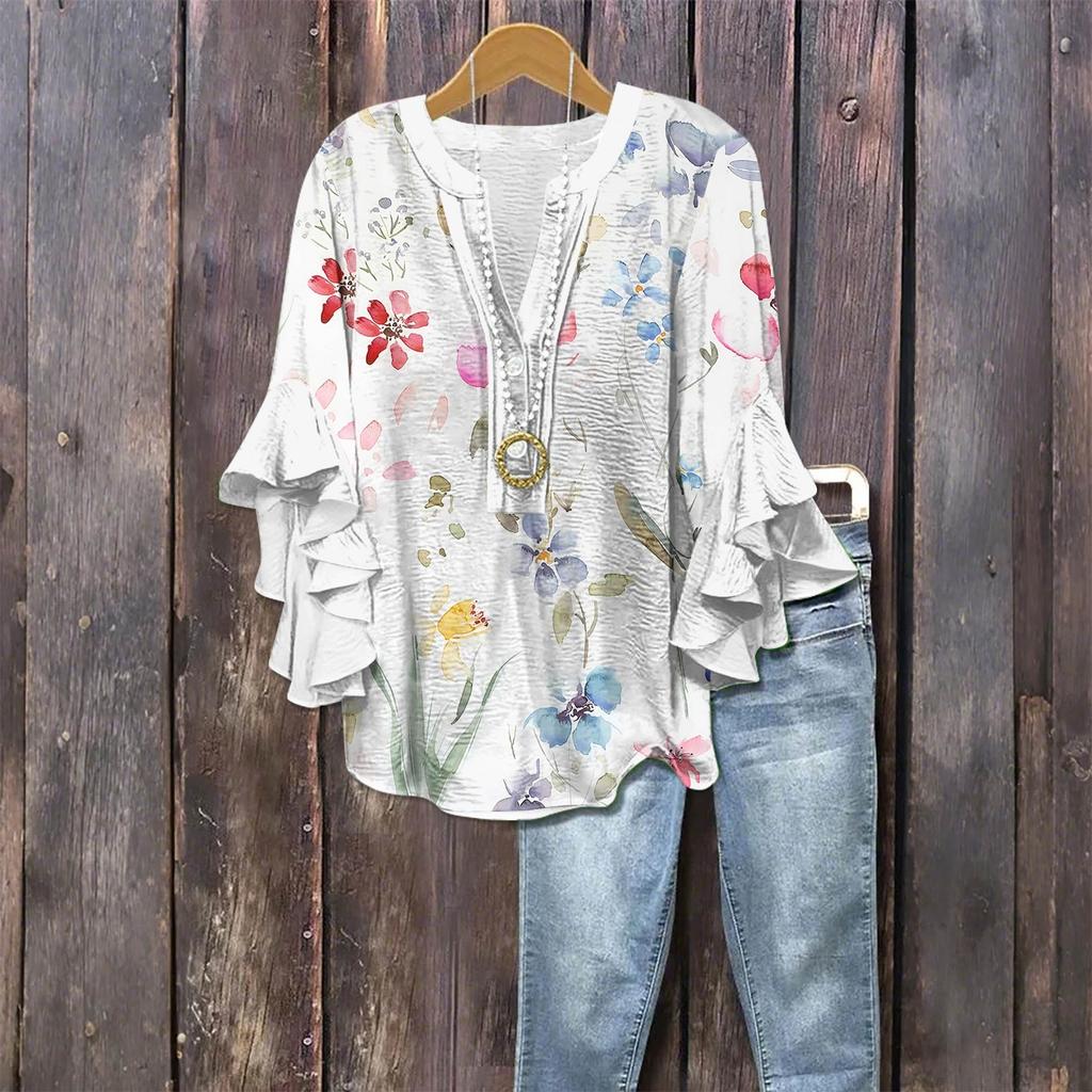 Women's Fashion Casual Button V-Neck Seven Sleeve Vintage Printed Shirt Top