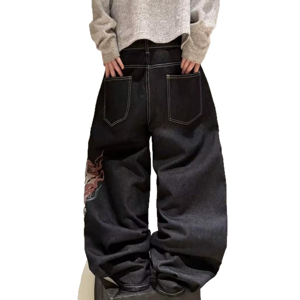 European and American Design Sense Printed Casual Trousers Street Trend Loose Wide-footed Jeans