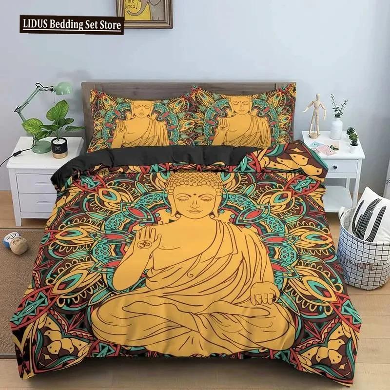 Buddha Bettwäscheset Indische Religion Buddhismus Meditation Mandala Bettbezug Lächeln Buddha Floral Weicher Quiltbezug Queen King Size