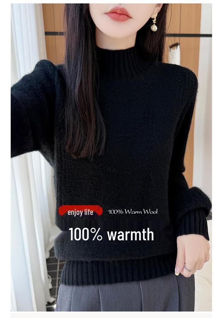 2026 Autumn/Winter Pure Wool Thickened Knitwear: Women's Long Sleeve Hollow Sweater with Half-High Collar