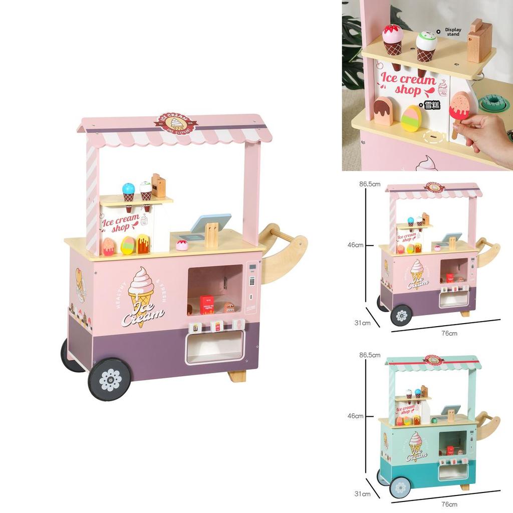 Wooden Ice Cream Shop Playset With Cash Register For Kids Pretend Market Toy