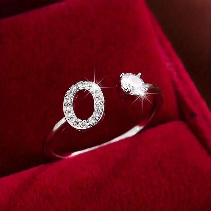 26 English Letter Micro-set Zircon Fashion Women's Ring, Copper-plated 14K Open Plain Ring