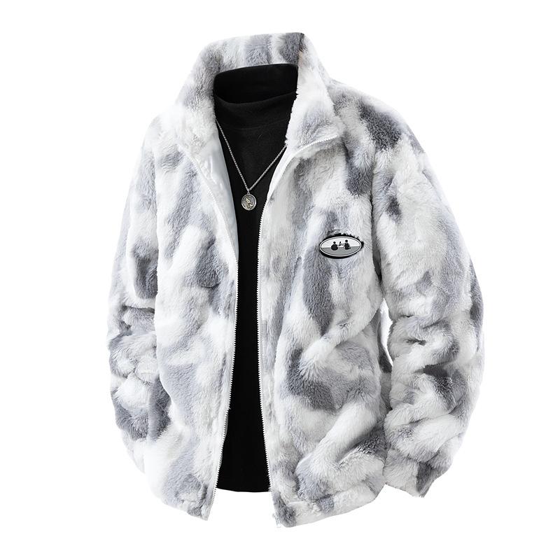 Lamb Wool Jacket for Men and Women, Versatile In Autumn and Winter, Loose Tie-dye Warm and Thickened Couple Stand-up Collar Jacket