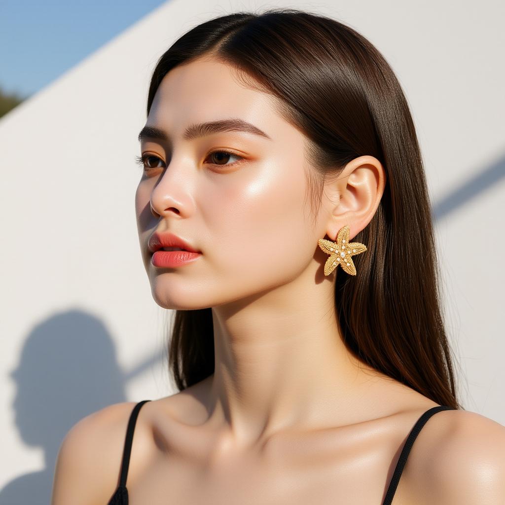 Exaggerated holiday style inlaid pearl starfish earrings beach style marine animal earrings