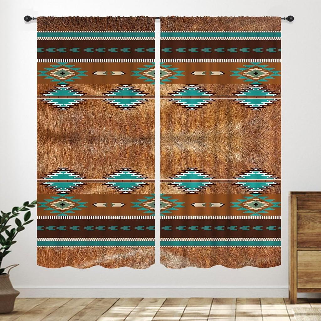 Western Cow Skull Curta,Beige Southwestern Bohemian Geometric Pattern Native Aztec Longhorn Head Cowboy Farmhouse Country