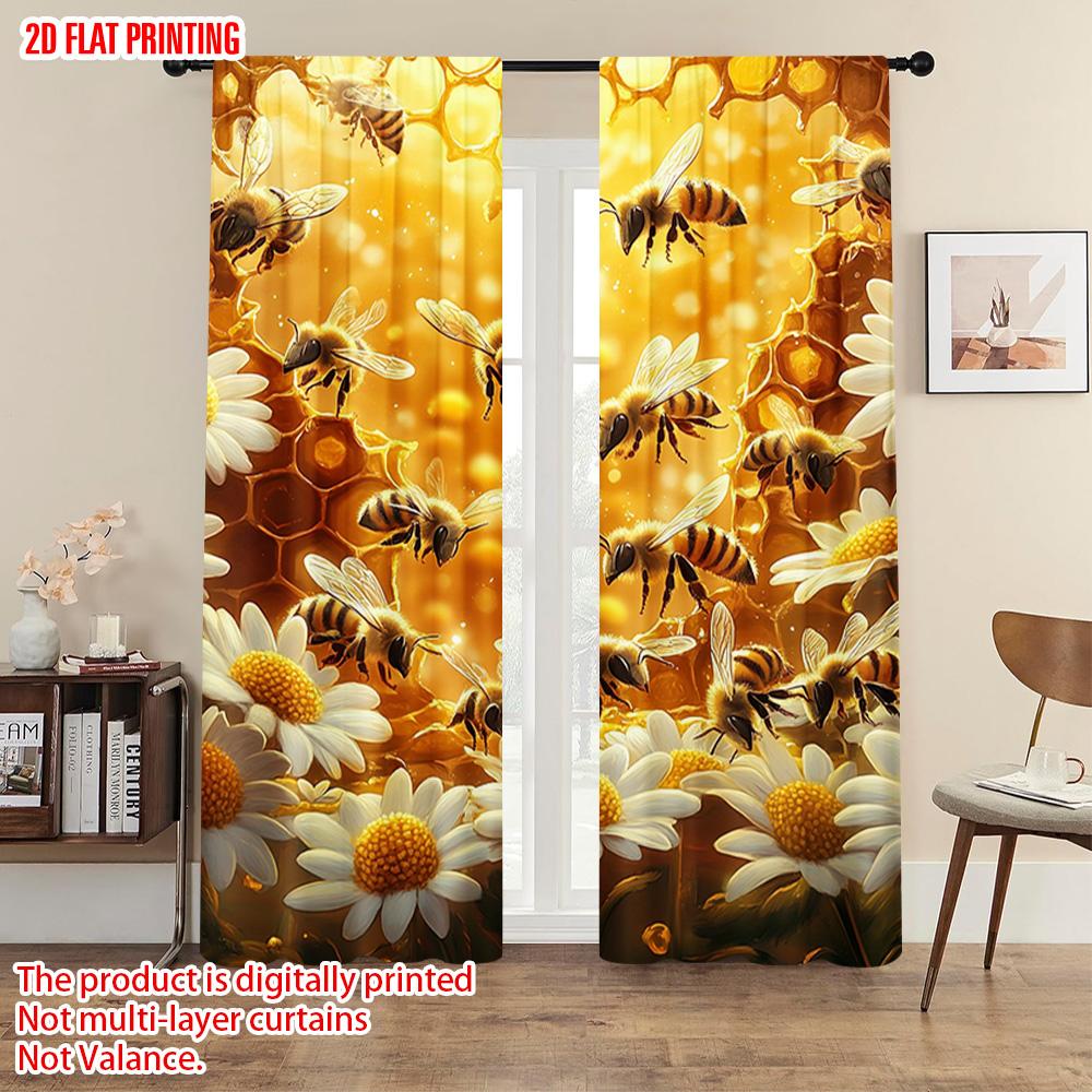 2pcs   Plane Printing Popular Curtain Panels Bees and Sunflowers Honeycomb Polyester Easy Install (without Rod) All Seasons Use