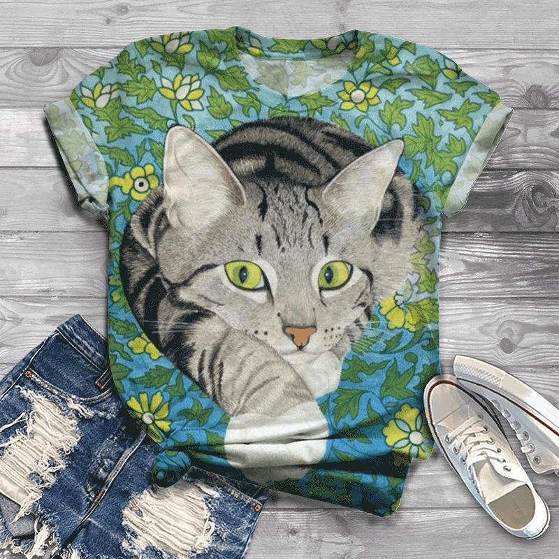Women's 3D Cat Pattern Fresh Printed T-shirt 3D Printed Short Sleeved T-shirt