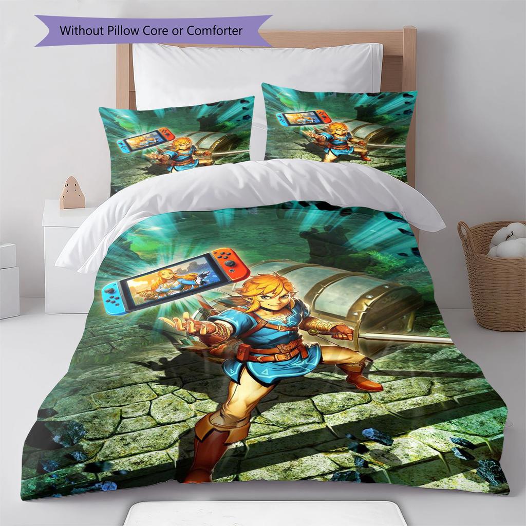 Link Zelda Vzor Ložní povlečení Sada prošívaných dek a povlaků na polštáře Domácí dekorace Dárek (1 * povlak na peřinu + 2 * povlak na polštář, bez jádra)
