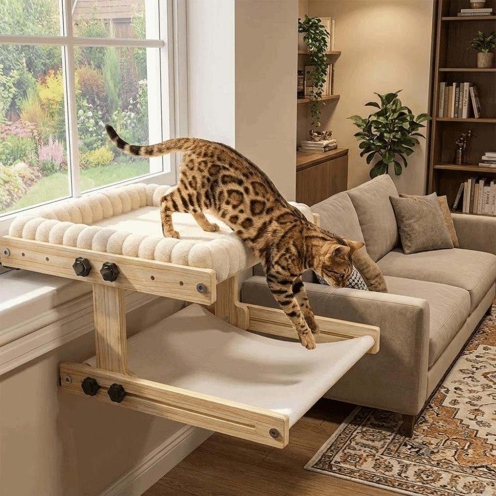 Lit de fenêtre pour chat avec cadre en bois Coussin en peluche Hamac pour chat Meubles pour animaux de compagnie Perchoir pour chat Hamac Utilisation à domicile
