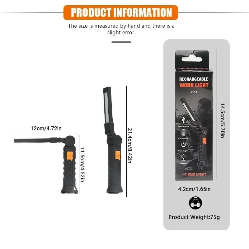 Portable COB LED Flashlights USB Rechargeable Work Light Magnetic Lanterna Hanging Lamp with Built-in Battery Camping Torch
