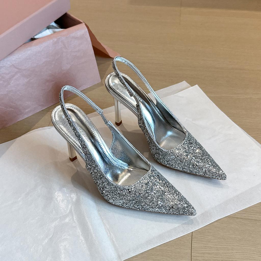 2199-13 Sequined High Heel Shoes Elegant Bridesmaid Wedding Shoes Pointed Thin Heel Silver High Heel Shoes Light Mouth Women's Shoes