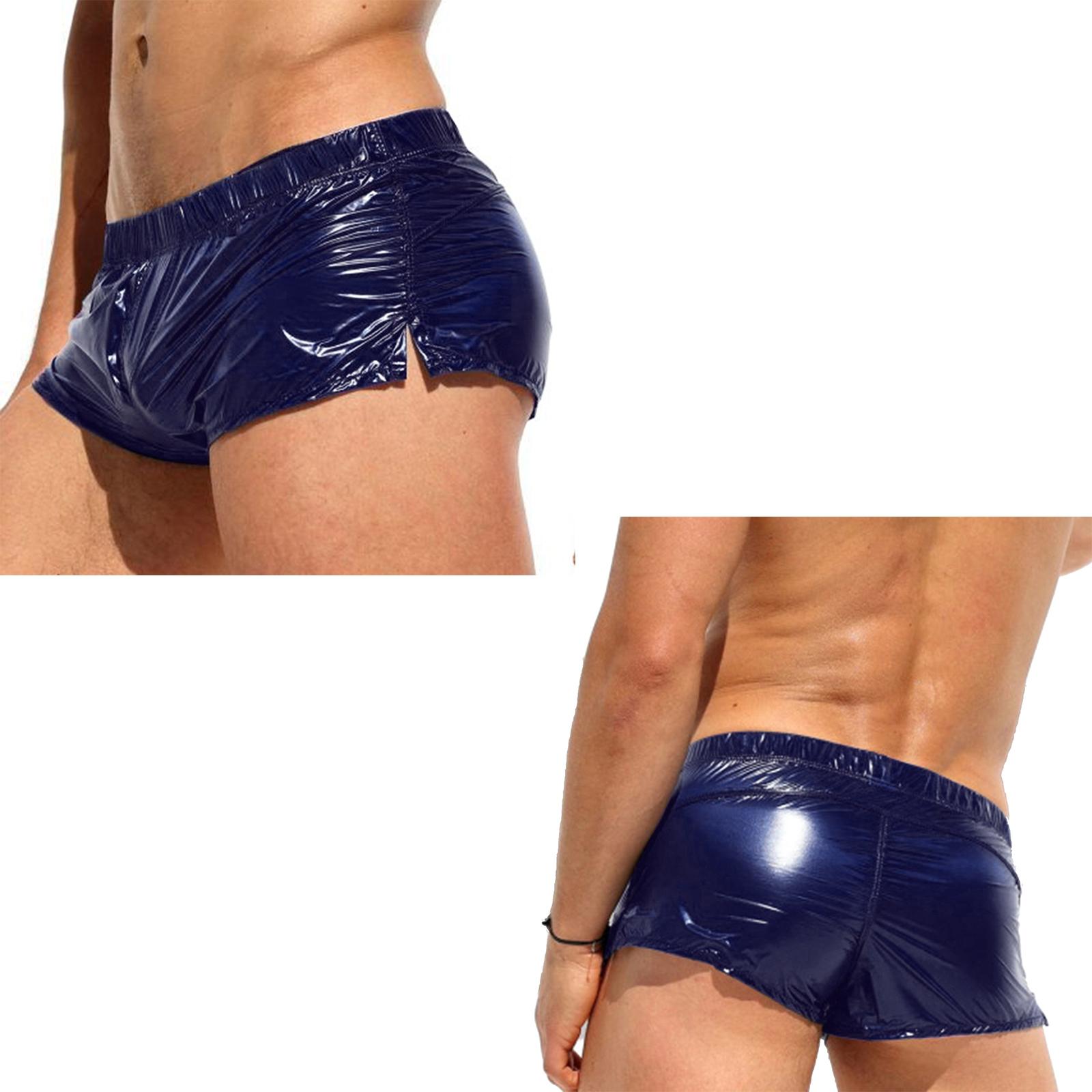

Mens Low Rise Sides Slit Shorts Solid Color Slim Fit Glossy Swimming Trunks Shorts Vacation Beach Pool Party Nightclub Costumes XXL темно-синього кольору