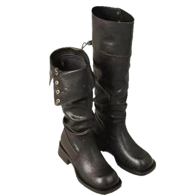 Cowhide Version~ Genuine Leather Platform Two Through Knee Boots Women's Retro Thick Heel Stacked Boots Western Cowboy Boots Knight Boots