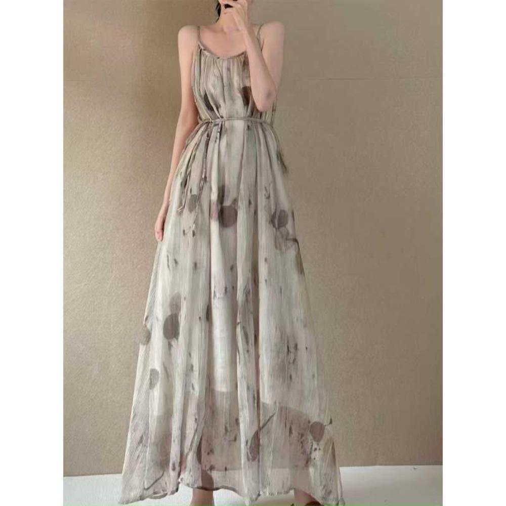 Women s New Chinese Style Tie-Dye Linen Blend Maxi Cami Dress with Waist Belt M