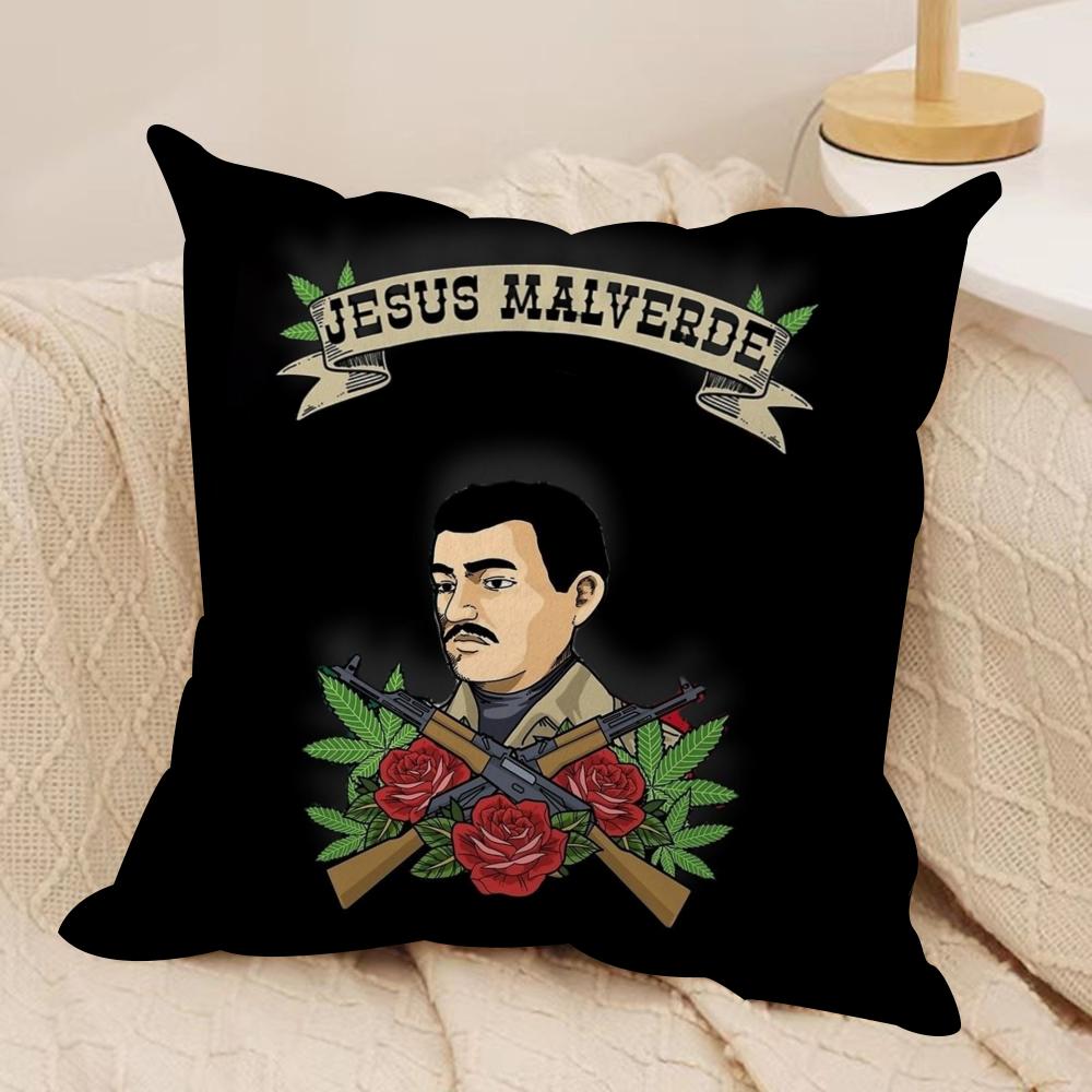 J-Jesus Malverde Cushion Cover Soft Plush Fabric Double-Sided Printed Sofa Cushion Cover for All Seasons Home Decor Gift