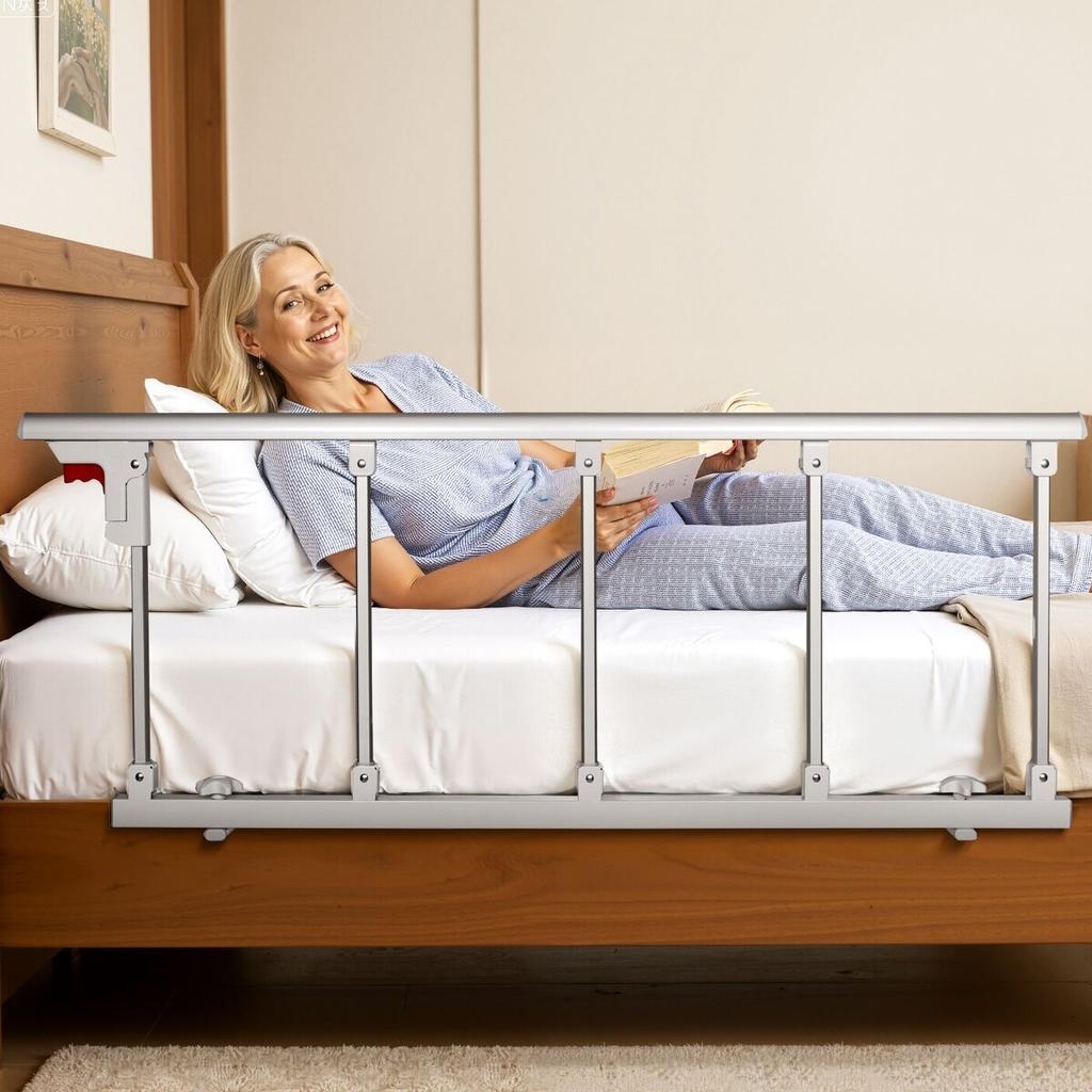 Foldable Bed Rail for Elderly, 122 cm Bedside Assist Rail with Fixing Strap, Adjustable Height Pipe Bedside Cane, High-Strength Metal Senior Bed Bar,