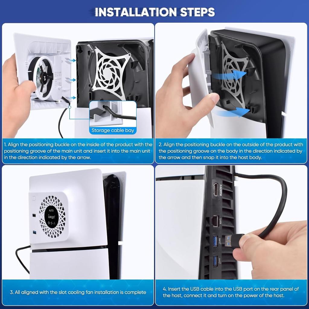 RGB-Lüfter mit Plattenabdeckung für PS5 Slim Digital/Disc, Automatische Geschwindigkeitsanpassung durch Temperatursensor, 3 Lüftergeschwindigkeiten manuell & USB3.0-Hubs, Kühlsystem