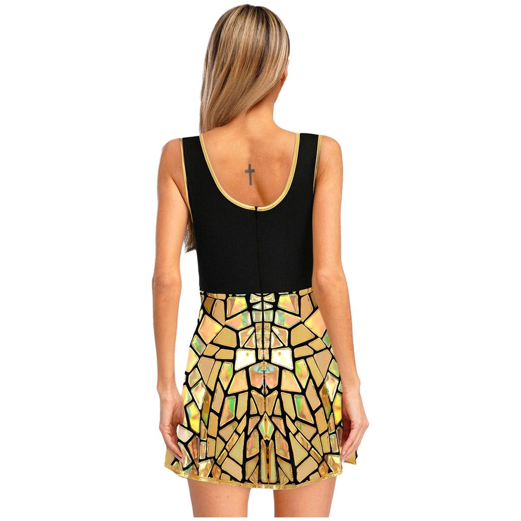 Damen Funkelndes Spiegelkleid Ärmellos A-Linie Kurz Club Bodycon Design Feierpartykleid