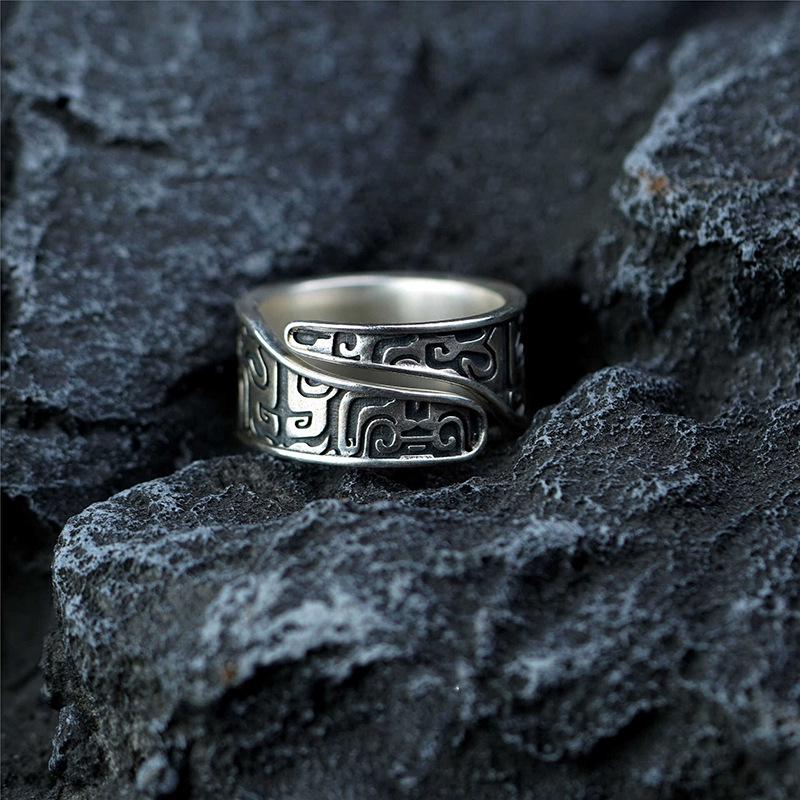 Yuexiang Taotie Pattern Open Ring: Chinese Style Mythical Beast, Retro and Bold Design.