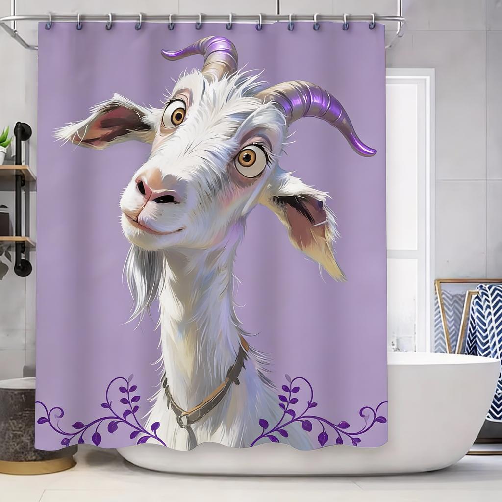 Goat Pattern Waterproof Mold-Proof Shower Curtain Creative Bathroom Curtain Unique Design Stylish Home Decor Complimentary Hook
