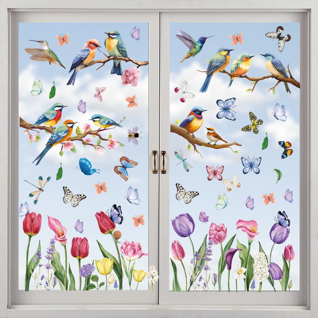 Spring Static Cling Window Stickers Cartoon Colorful Animals Tulips Flowers Living Room Wall PVC Glass Decals