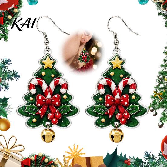 Decorative Holiday Earrings 1 Pair Acrylic Christmas Tree Dangle Earrings, 2D Flat Xmas Bow Bell Candy Cane with Bell, Party Jewelry for Women