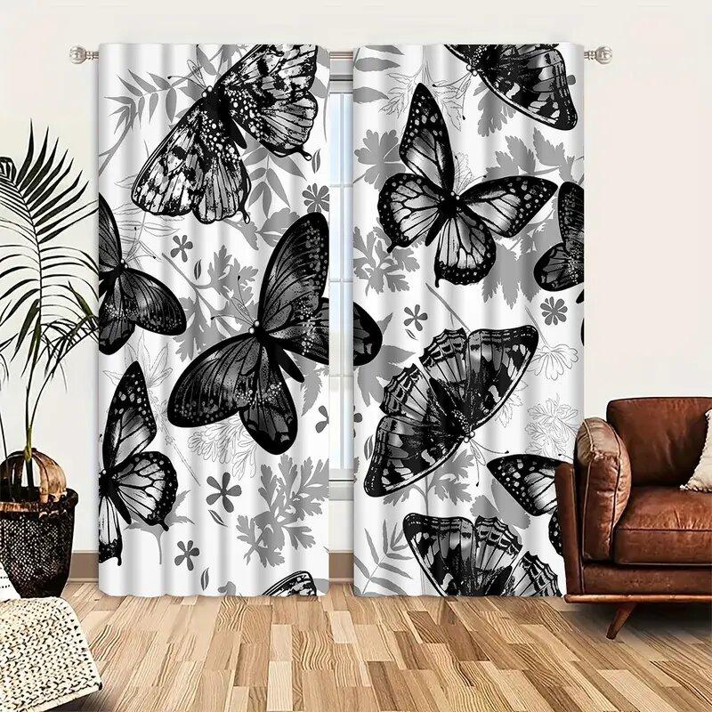 

2 Pcs Black butterfly print curtains,suitable for bedroom,living room kitchen decoration,home decoration,window decoration 14Wx39L(35x100CM)x2&Rod Pocket