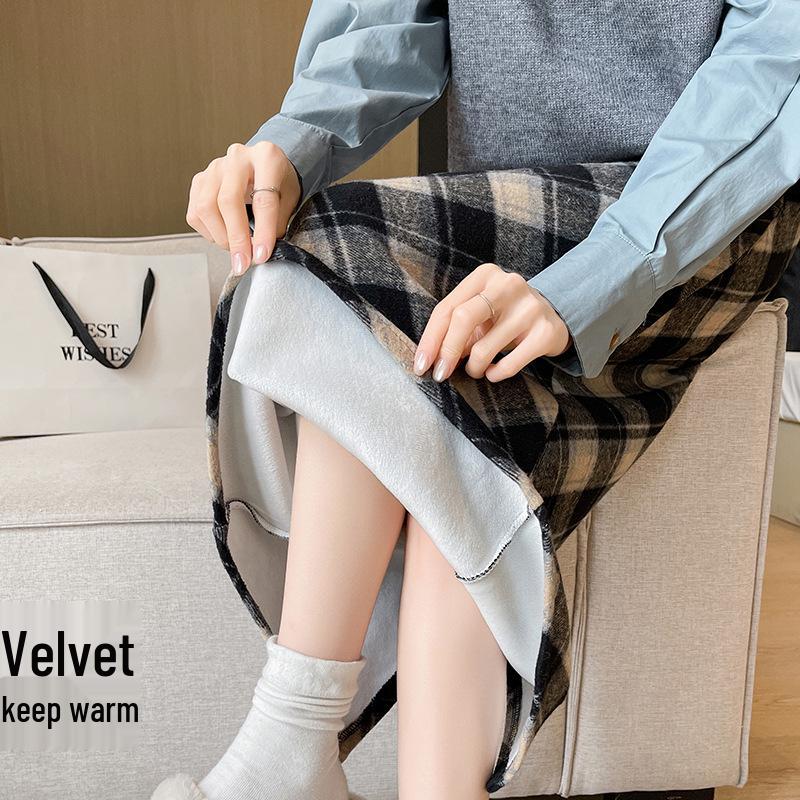 Autumn-Winter High Waist Wool Plaid A-Line Midi Skirt