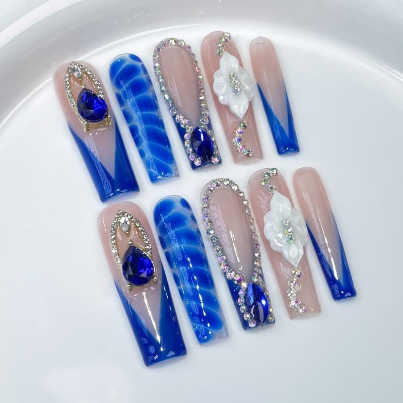 Medium-Long Water Pipe Nail Tips With Ice-Transparent French Design Gradient Snake Skin Handmade Press-On Acrylic Nails