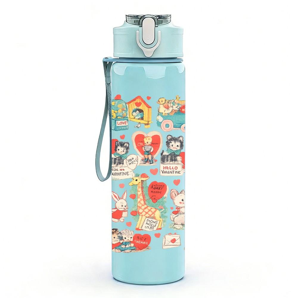 1PC Cute Cartoon Character Scrapbook Print 750ml Color Plastic Sports Water Bottle Leakproof Flip Straw Lid Suitable for Sports Office Home Use