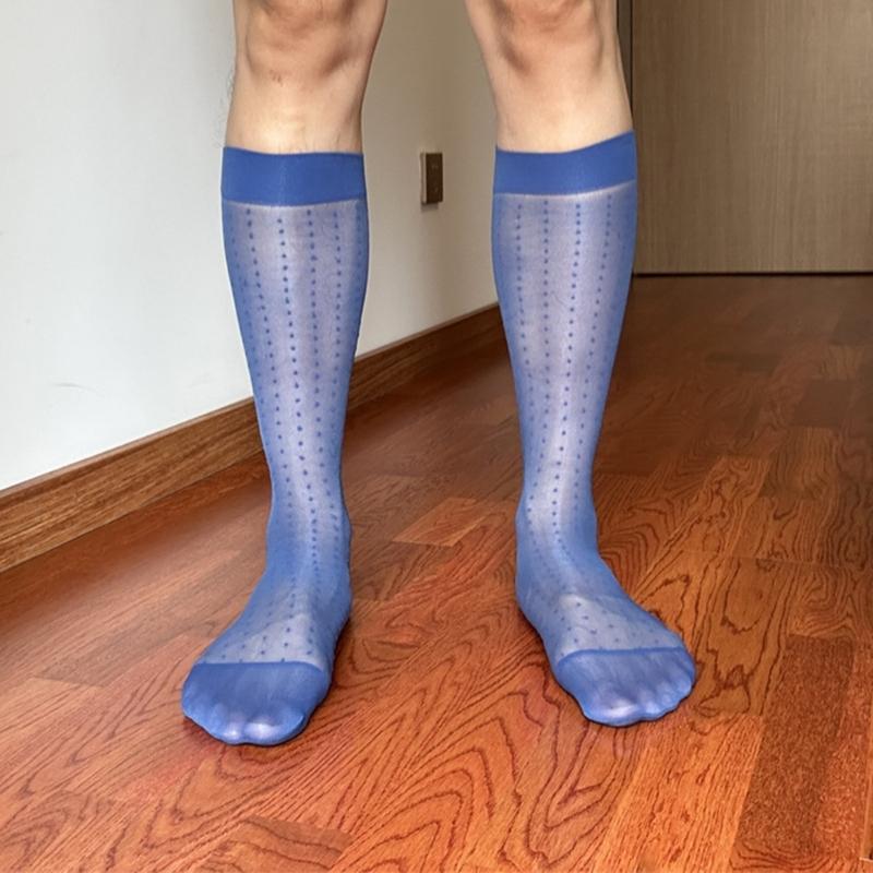 Men's Fashionable Sheer Over the Calf Long Socks Breathable See Through Dot Pattern Dress Suit Socks for Business Wear