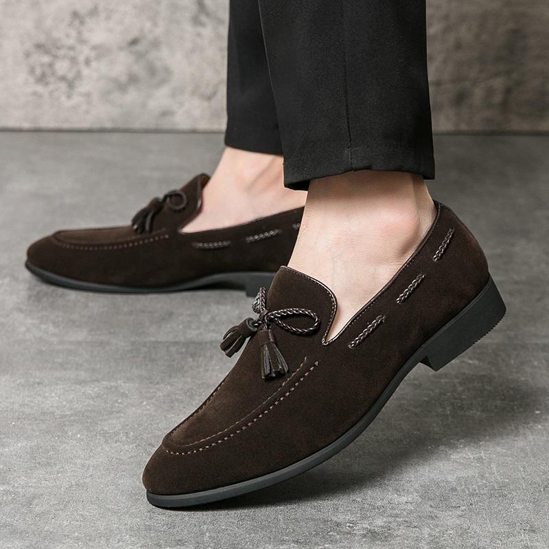 Fashion New Black Brown Loafers New Men's Pointed Bowknot Suede Leather Shoes Male Designer Formal Wedding Dress Homecoming Footwear