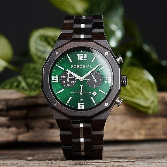 BOBO BIRD Mens Wooden Watch Sports Fashion Casual Chronograph Quartz Stainless Steel Strap Date Display Green Medium Luxury Elegance