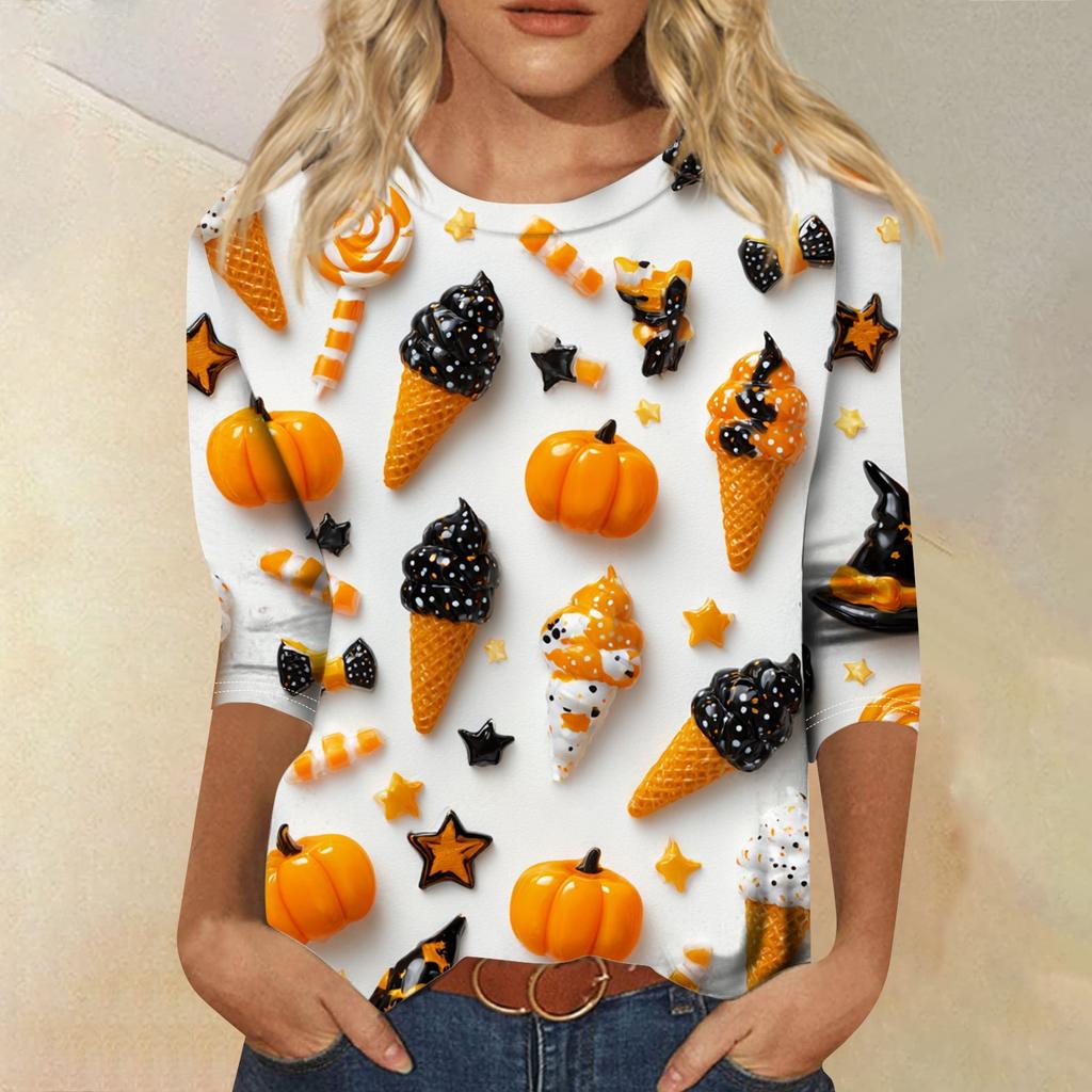 Damenmode Lässig Rundhals Dreiviertelarm Halloween Bedrucktes T-Shirt Top