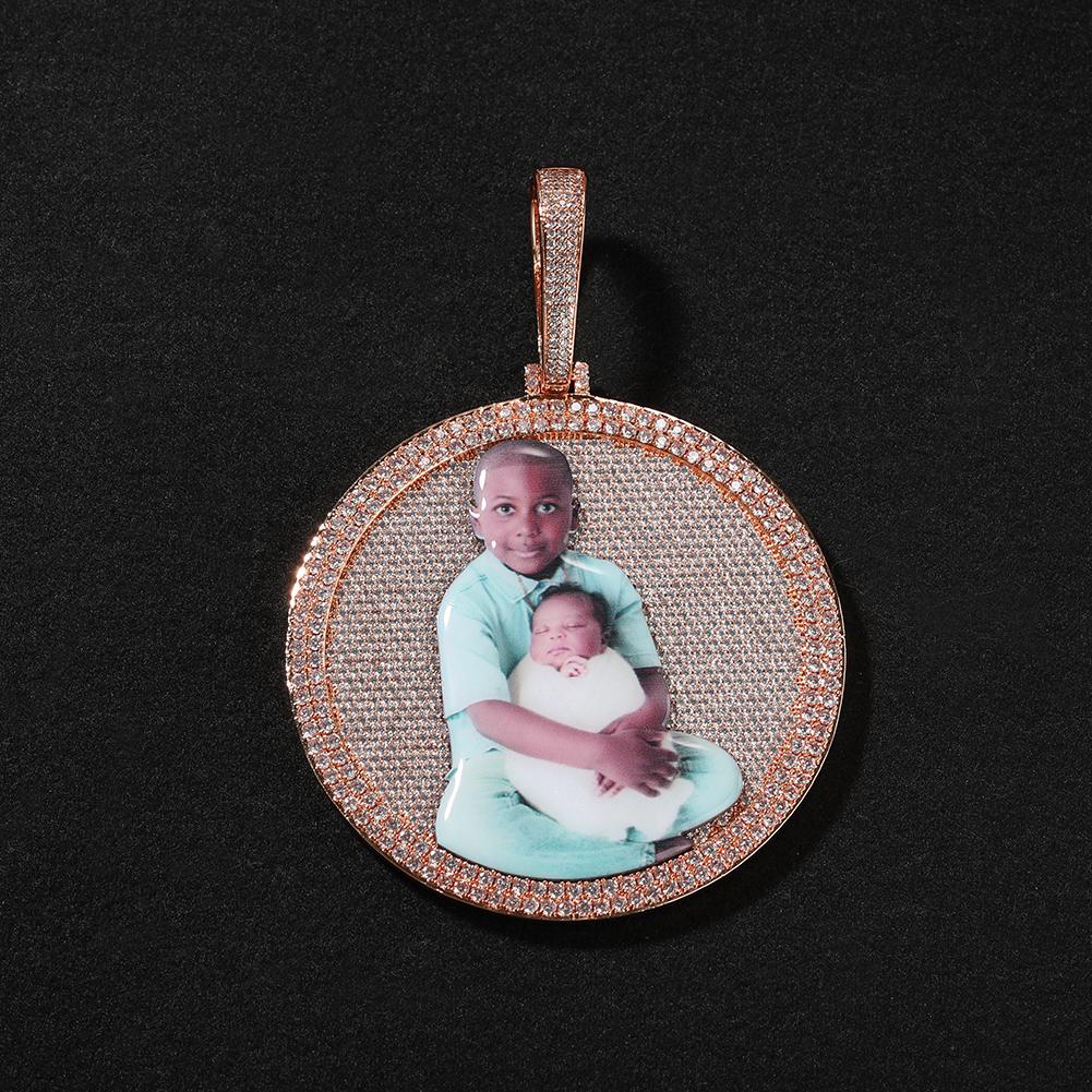 THE BLING KING Iced Out Round Medallion Custom Memory Photo Pendant Necklace Paved CZ Engrave Back Men Women Hiphop Jewelry
