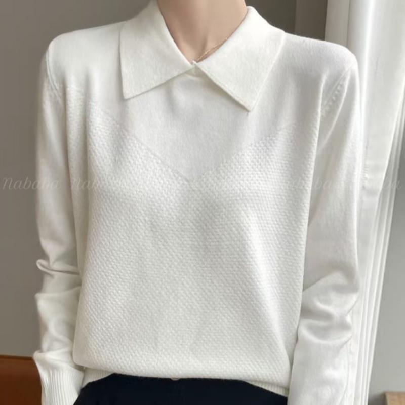 Navava Women Solid Long Sleeve Collar Knit Tee Nk2829